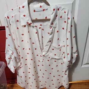 New York & Company White Blouse with Red Print
